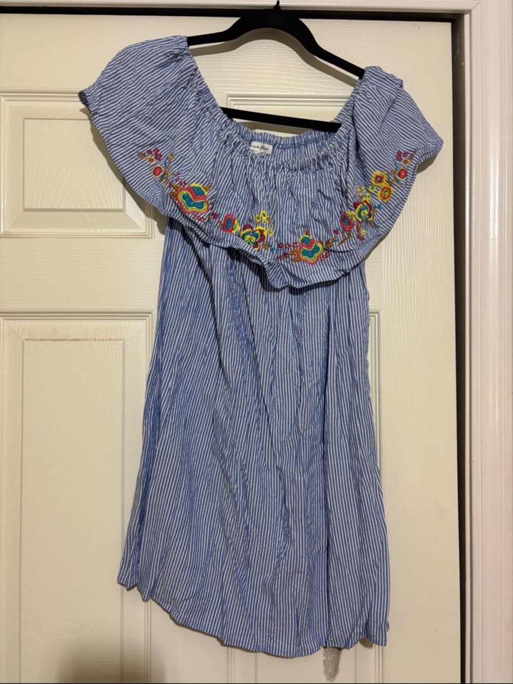 love, Fire Blue & White Striped Off-Shoulder Mini Dress with Floral Embroidery